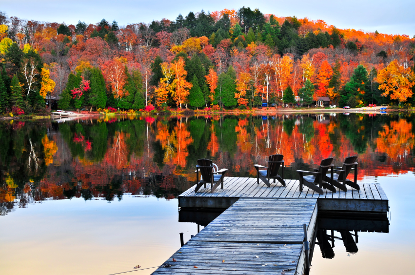 Wooden dock on autumn lake